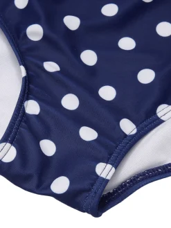 Online Retro Stage Blue & White 1950s Polka Dots Halter Swimsuit Dark Blue