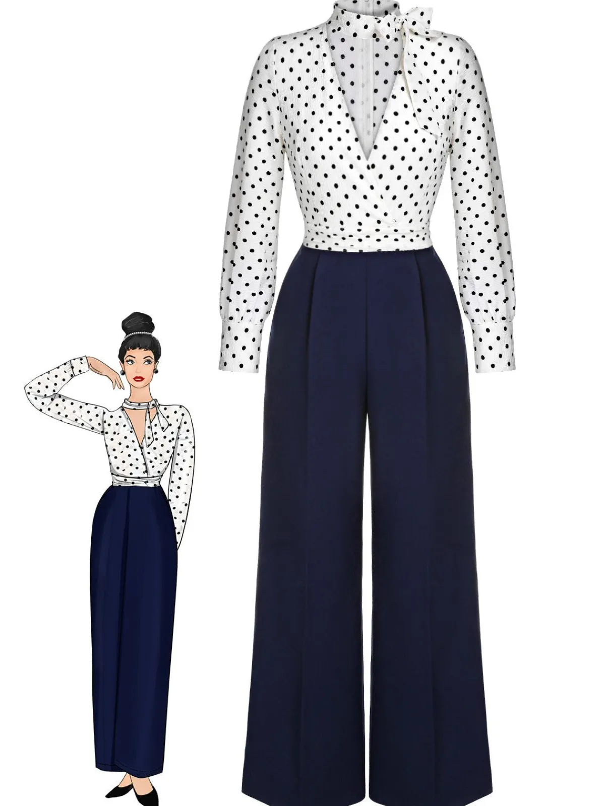 Discount Retro Stage Blue & White 1930s Polka Dots Tie Neck Jumpsuit