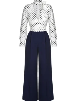 Discount Retro Stage Blue & White 1930s Polka Dots Tie Neck Jumpsuit