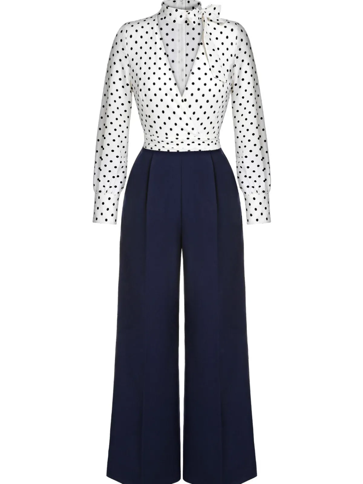 Discount Retro Stage Blue & White 1930s Polka Dots Tie Neck Jumpsuit