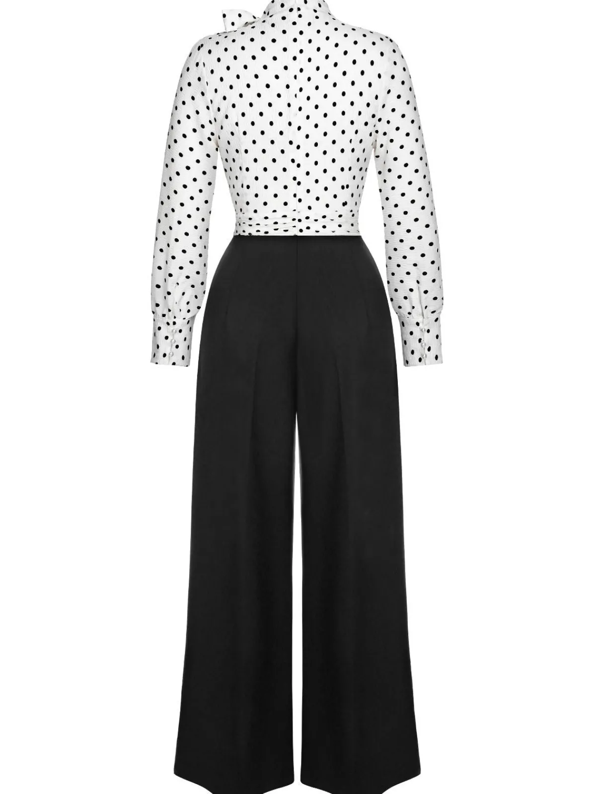 Discount Retro Stage Blue & White 1930s Polka Dots Tie Neck Jumpsuit