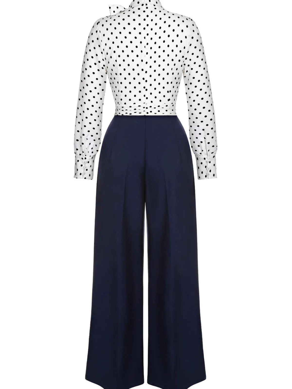 Discount Retro Stage Blue & White 1930s Polka Dots Tie Neck Jumpsuit