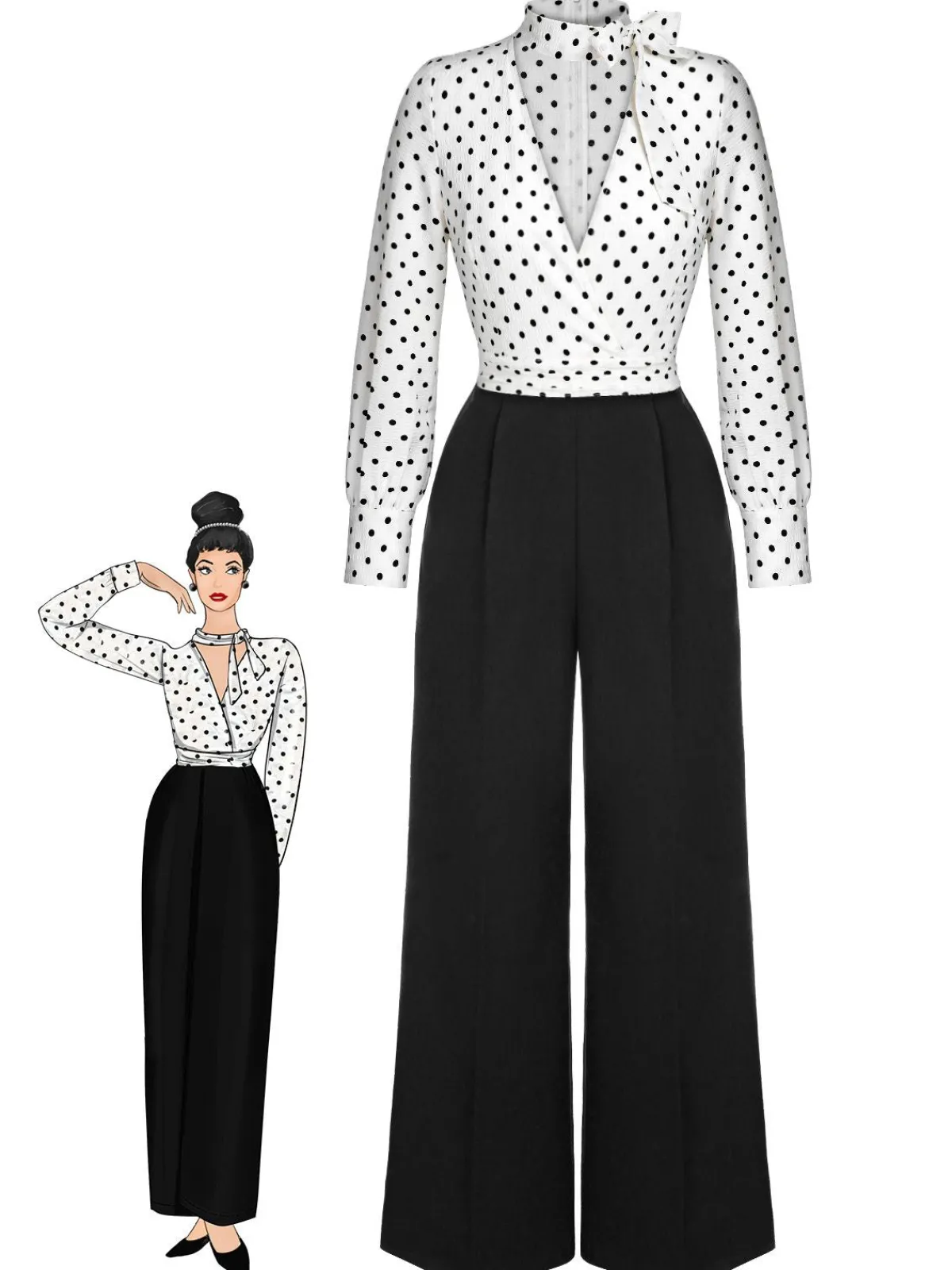 Discount Retro Stage Blue & White 1930s Polka Dots Tie Neck Jumpsuit
