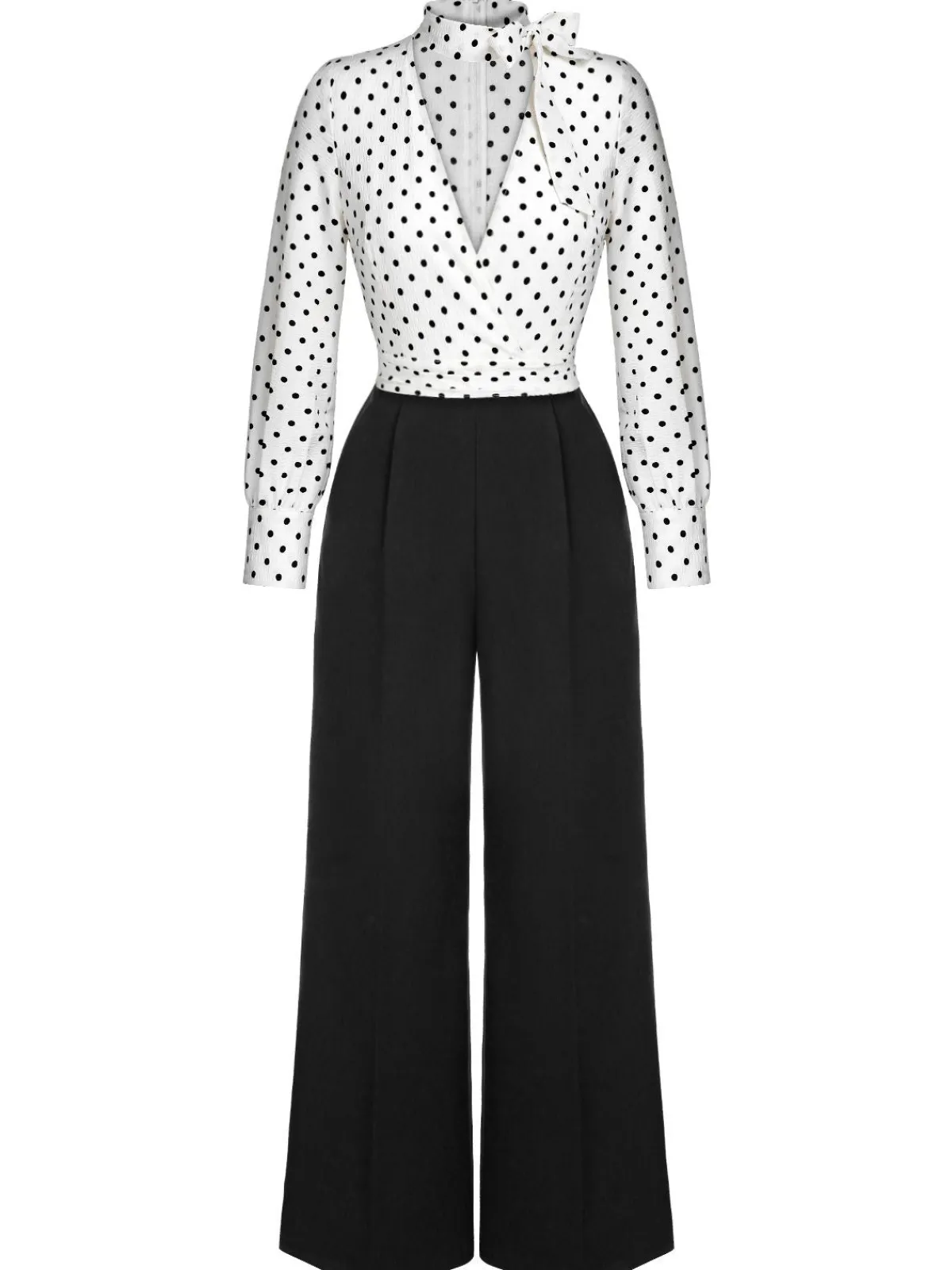 Discount Retro Stage Blue & White 1930s Polka Dots Tie Neck Jumpsuit