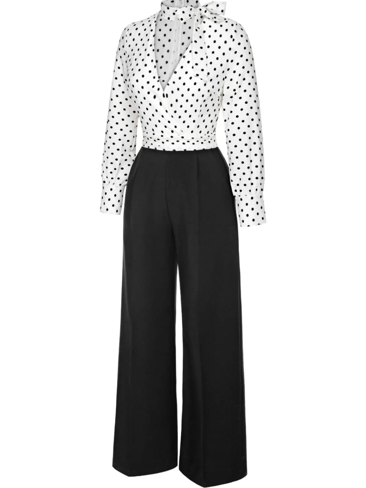 Discount Retro Stage Blue & White 1930s Polka Dots Tie Neck Jumpsuit