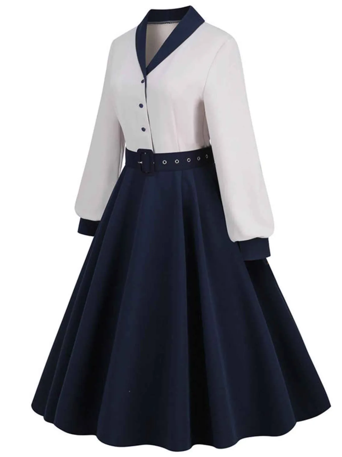Outlet Retro Stage 1950s Solid Patchwork Dress Blue & White