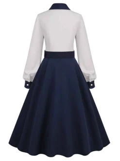 Outlet Retro Stage 1950s Solid Patchwork Dress Blue & White