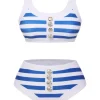 Outlet Retro Stage Blue & White 1950s Stripes Buttons Swimsuit