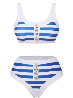 Outlet Retro Stage Blue & White 1950s Stripes Buttons Swimsuit