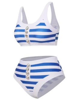 Outlet Retro Stage Blue & White 1950s Stripes Buttons Swimsuit