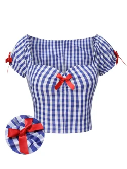 Clearance Retro Stage 1950s Sweetheart Neck Plaid Top Blue & White