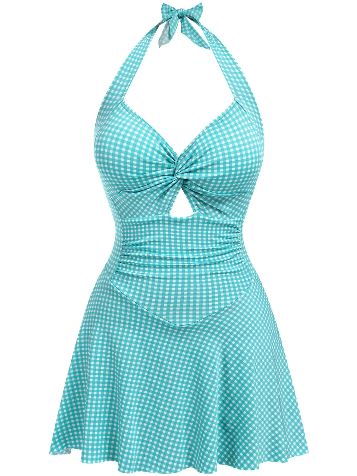 Best Retro Stage Blue Green 1930s Plaid Halter One-Piece Swimsuit