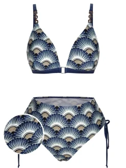 Sale Retro Stage 1930s Ancient Fan Lace-Up Bikini Set Blue