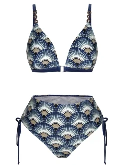 Sale Retro Stage 1930s Ancient Fan Lace-Up Bikini Set Blue