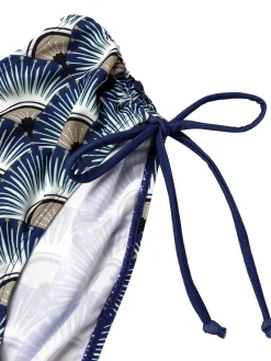 Sale Retro Stage 1930s Ancient Fan Lace-Up Bikini Set Blue