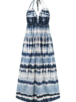 Clearance Retro Stage 1940s Backless Tie Dye Long Dress Blue