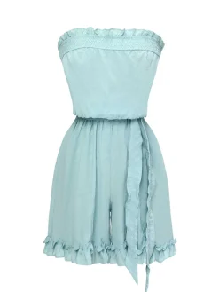 Hot Retro Stage 1950s Bandeau Ruffles Belted Romper Blue