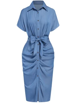 Discount Retro Stage 1960s Batwing Tencel Denim Shirt Dress Blue
