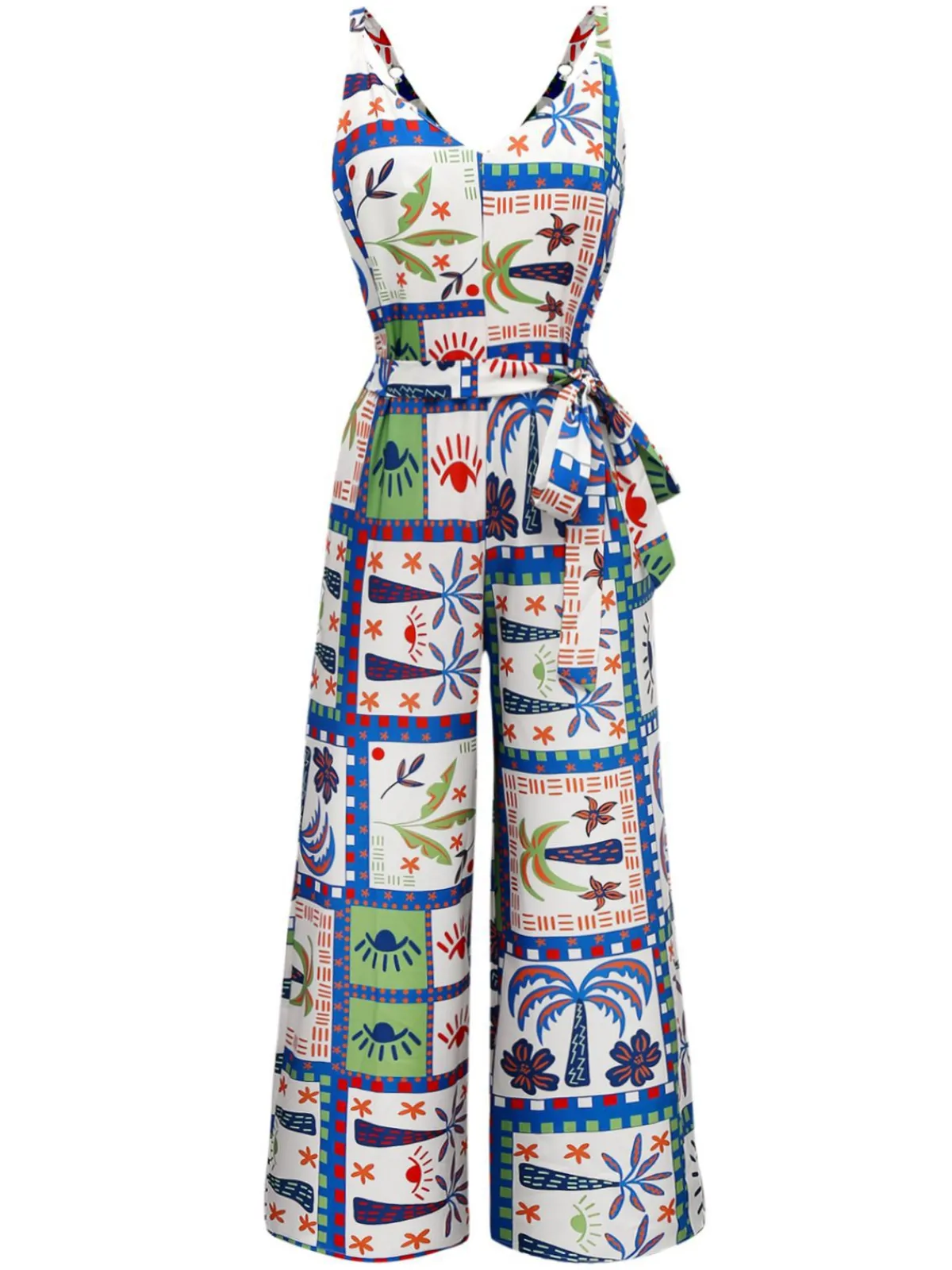 Sale Retro Stage 1930s Beach Print Sleeveless Jumpsuit Blue