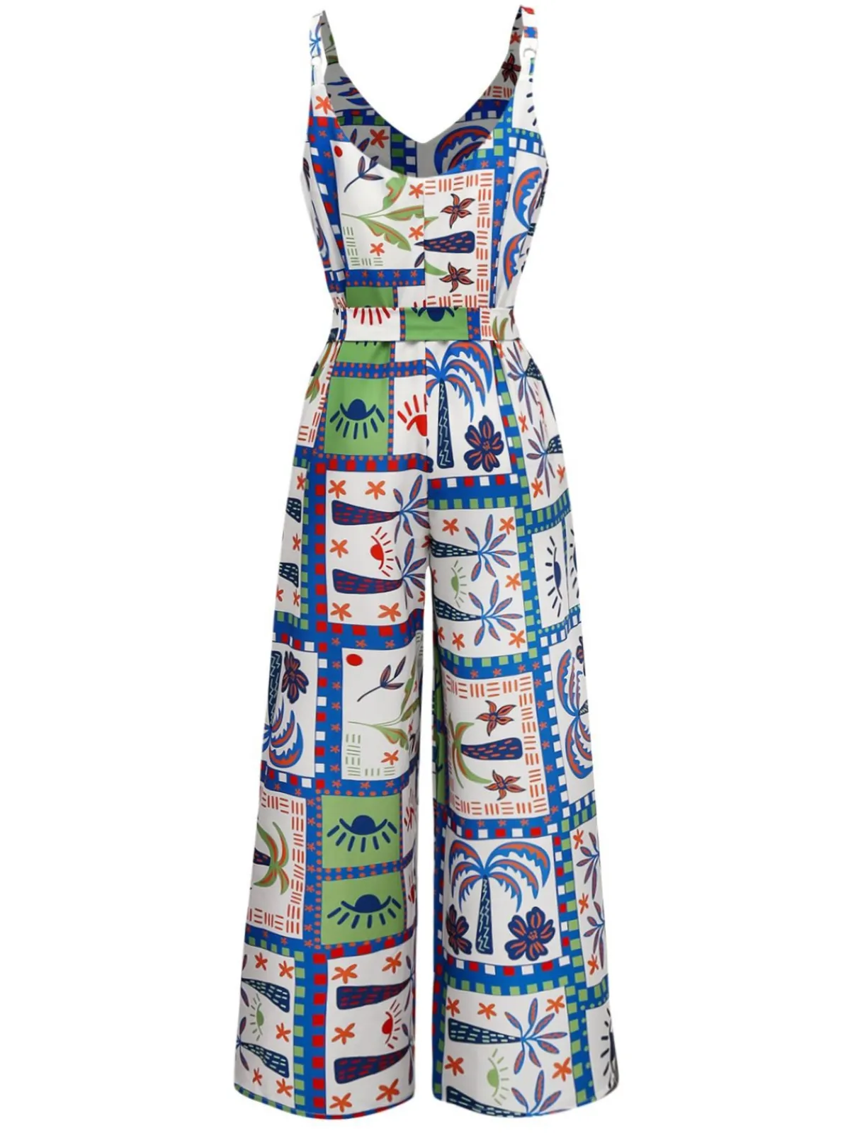 Sale Retro Stage 1930s Beach Print Sleeveless Jumpsuit Blue