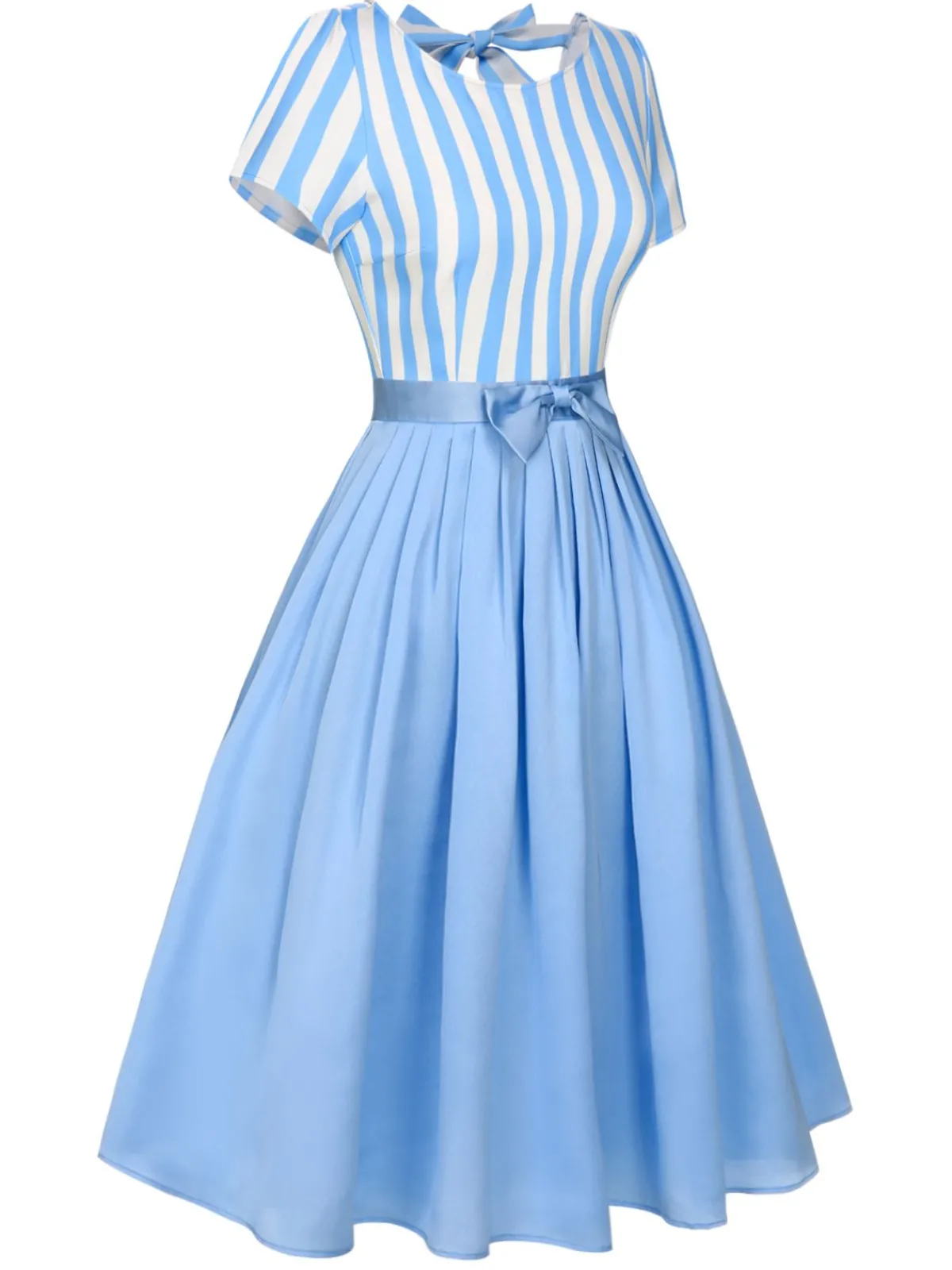 Online Retro Stage 1940s Boat Neck Stripes Bow Dress Blue