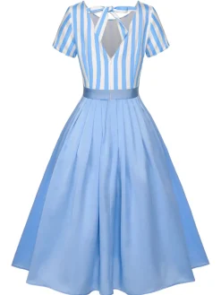 Online Retro Stage 1940s Boat Neck Stripes Bow Dress Blue