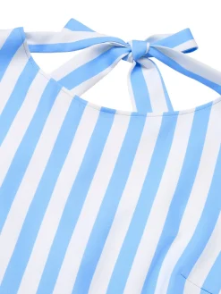 Online Retro Stage 1940s Boat Neck Stripes Bow Dress Blue