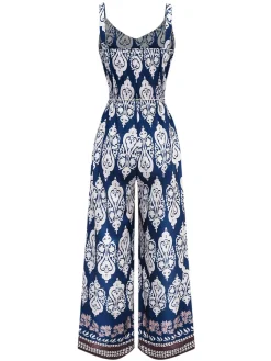 Outlet Retro Stage 1970s Boho Ethnic Print Strap Belted Jumpsuit Blue