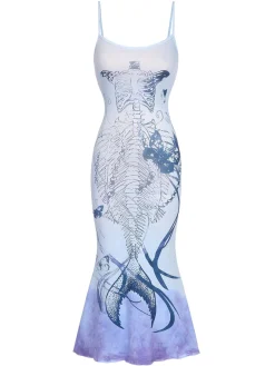 Fashion Retro Stage 1930s Butterfly Mermaid Skeleton Fishtail Dress Blue