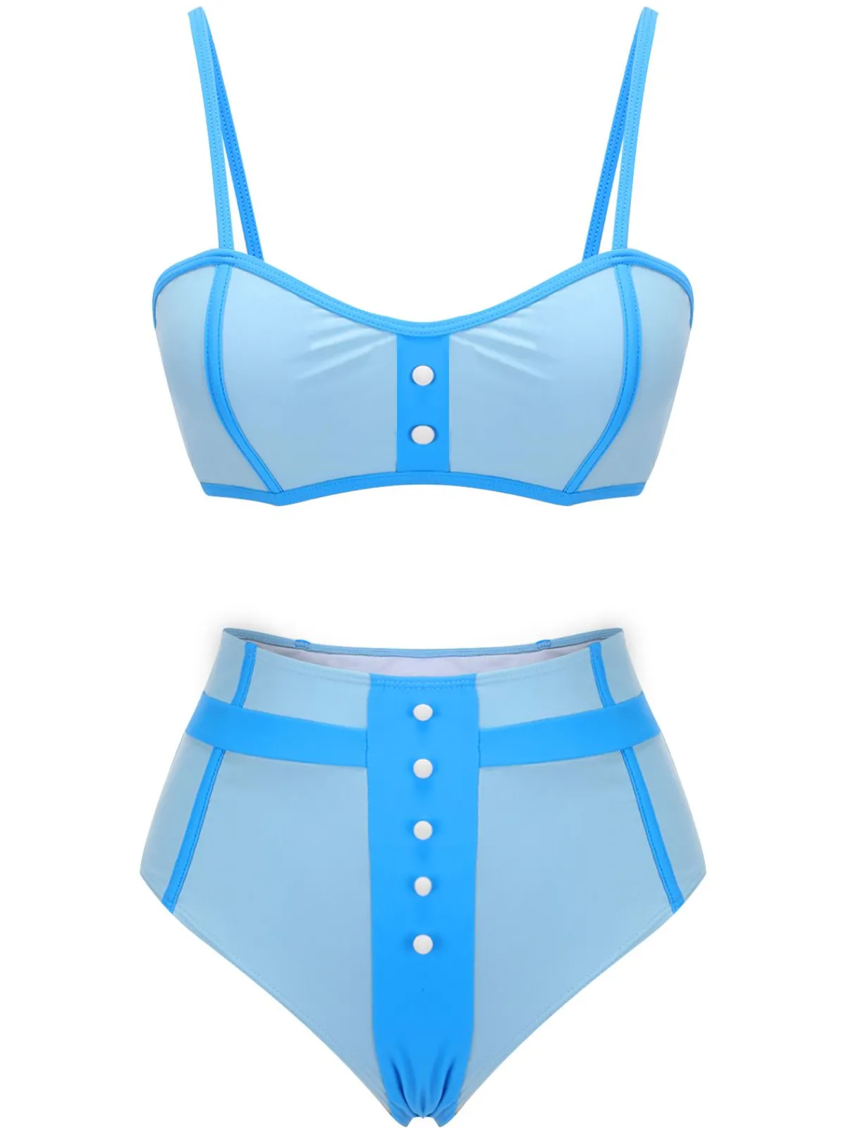 Sale Retro Stage 1950s Button Patchwork Swimsuit Blue