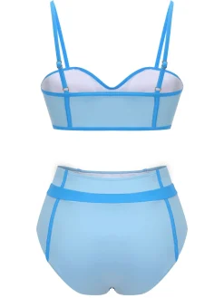 Sale Retro Stage 1950s Button Patchwork Swimsuit Blue
