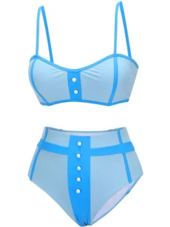 Sale Retro Stage 1950s Button Patchwork Swimsuit Blue