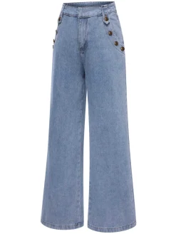 Discount Retro Stage 1940s Button Wide-Leg Denim Jeans Blue