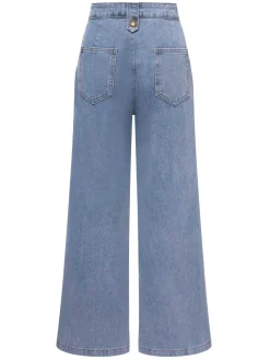 Discount Retro Stage 1940s Button Wide-Leg Denim Jeans Blue