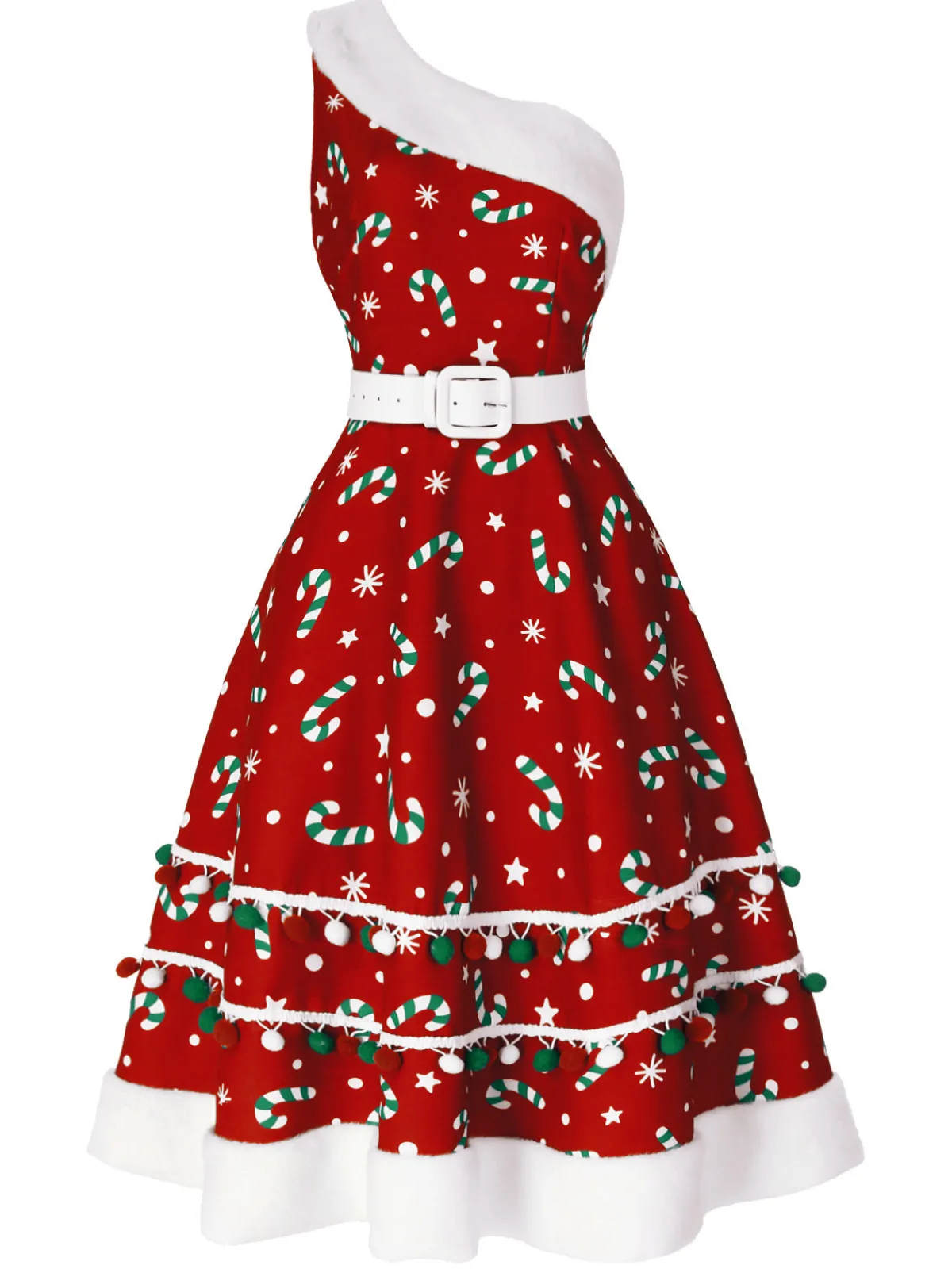 Best Retro Stage Blue 1950s Candy Cane One-Shoulder Dress