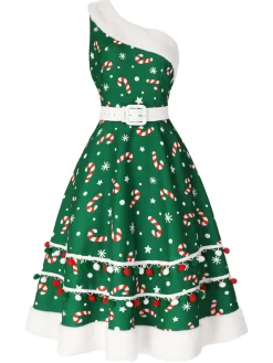 Best Retro Stage Blue 1950s Candy Cane One-Shoulder Dress