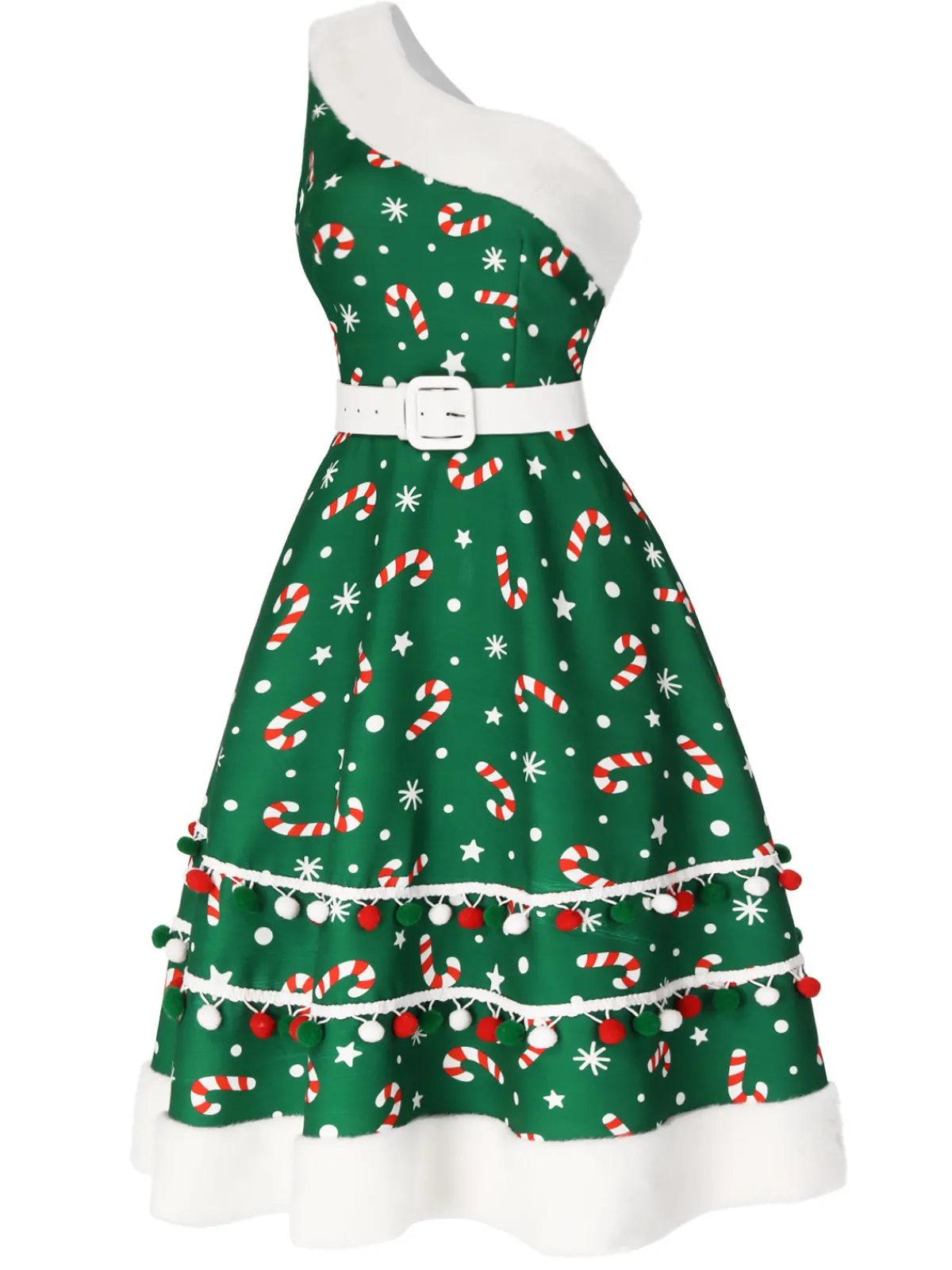 Best Retro Stage Blue 1950s Candy Cane One-Shoulder Dress