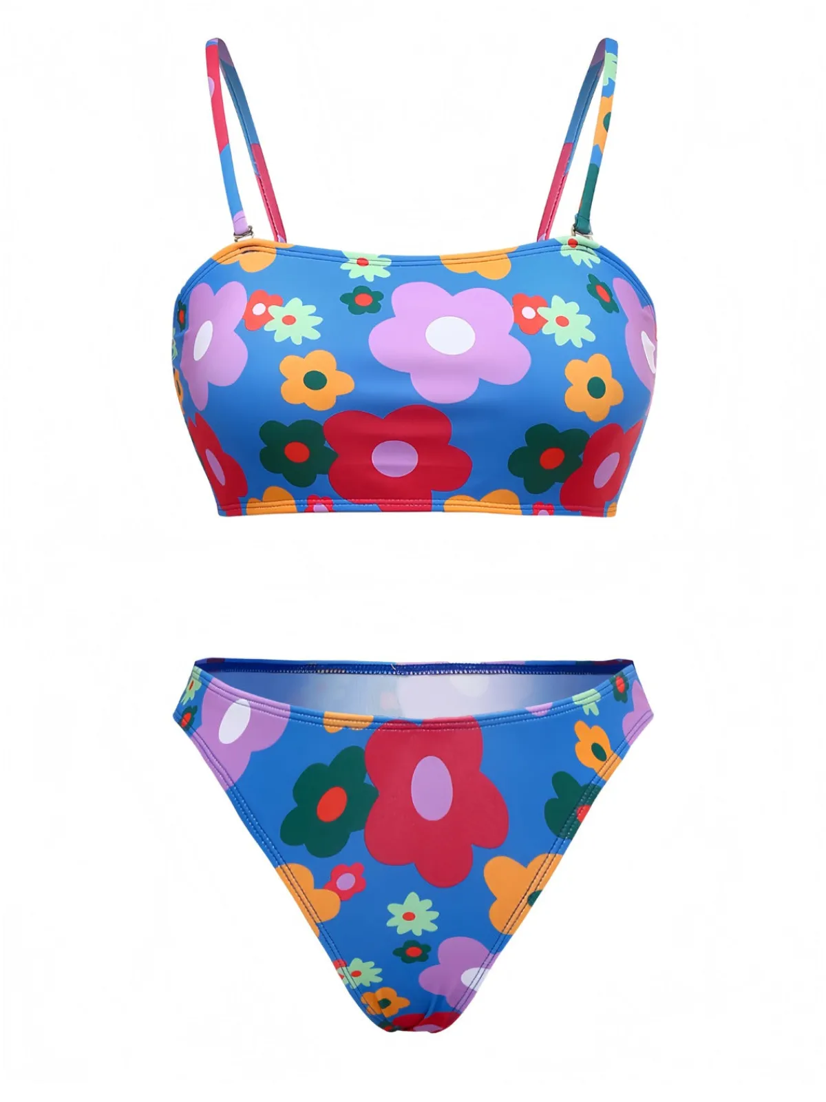 Outlet Retro Stage 1960s Cartoon Floral Spaghetti Straps Swimsuit Blue