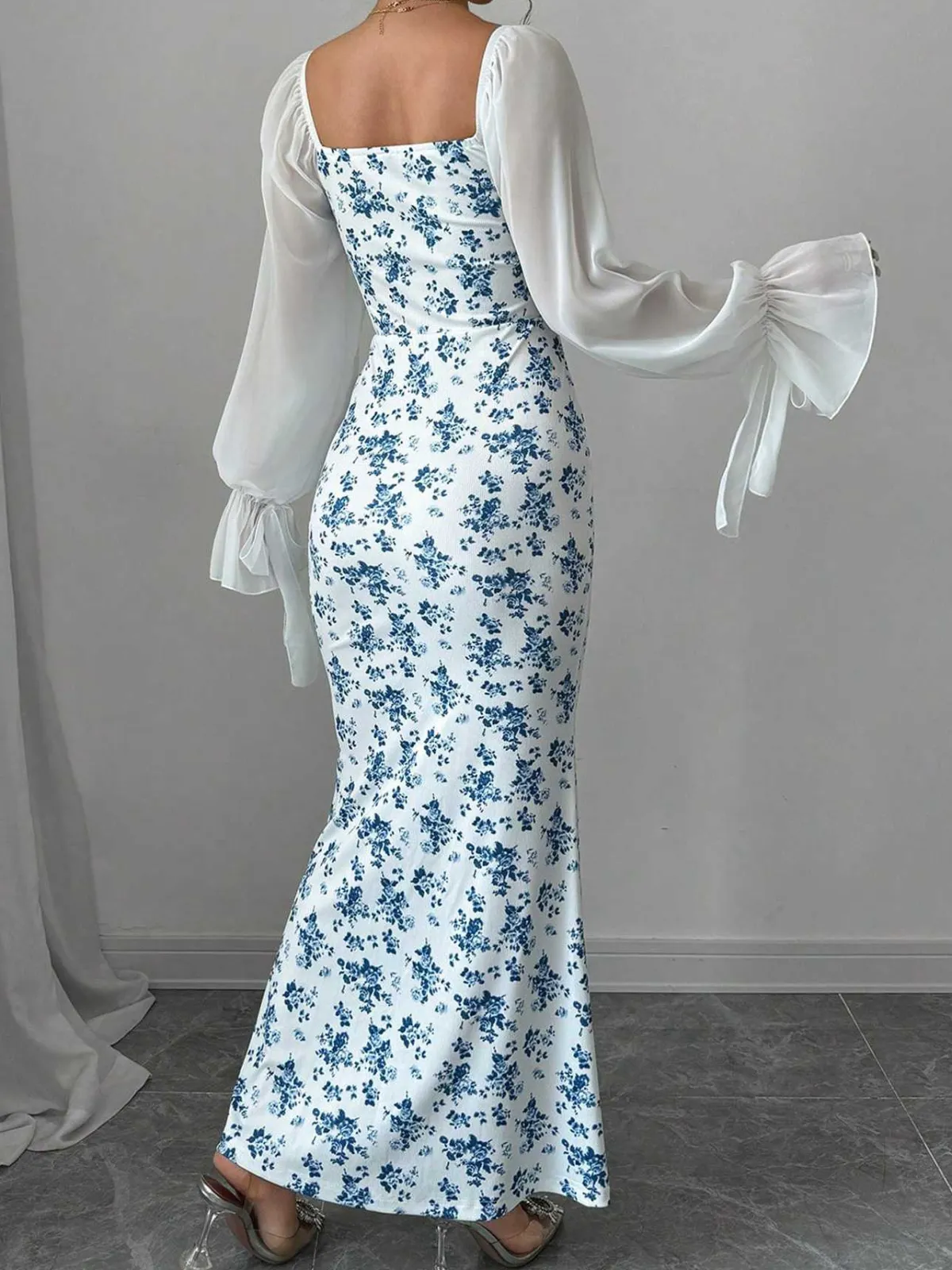 Discount Retro Stage Blue 1930s Chiffon Sleeves Ditsy Floral Dress Light Blue