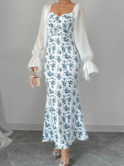 Discount Retro Stage Blue 1930s Chiffon Sleeves Ditsy Floral Dress Light Blue