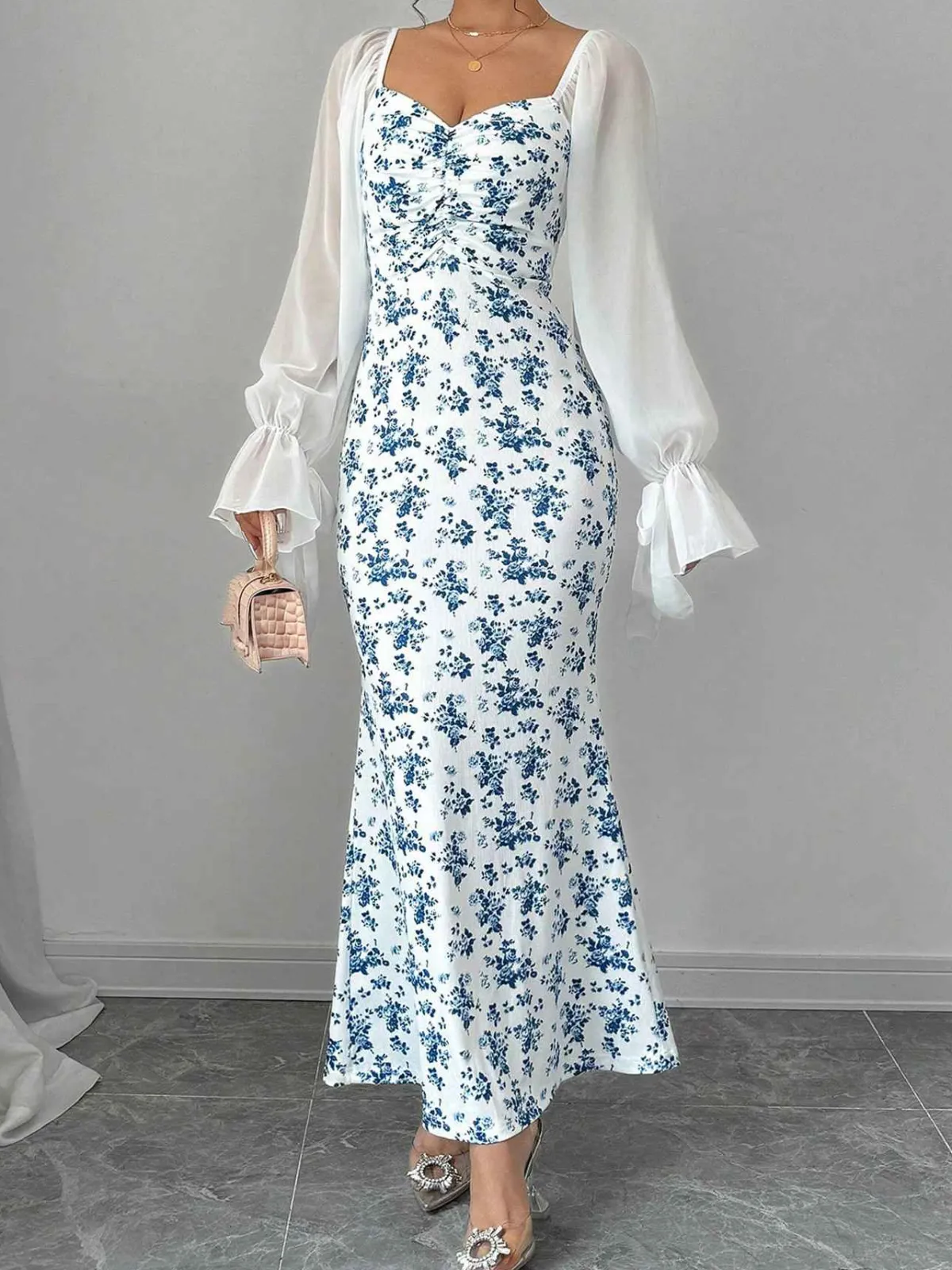 Discount Retro Stage Blue 1930s Chiffon Sleeves Ditsy Floral Dress Light Blue