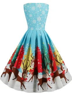 New Retro Stage 1950s Christmas Deer Swing Dress Blue