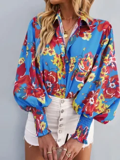 Best Retro Stage 1970s Contrast Floral Bishop Sleeve Blouse Blue