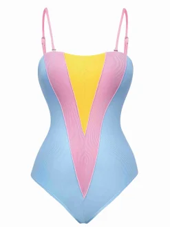 Online Retro Stage 1930s Contrast Spaghetti Straps One-Piece Swimsuit Blue