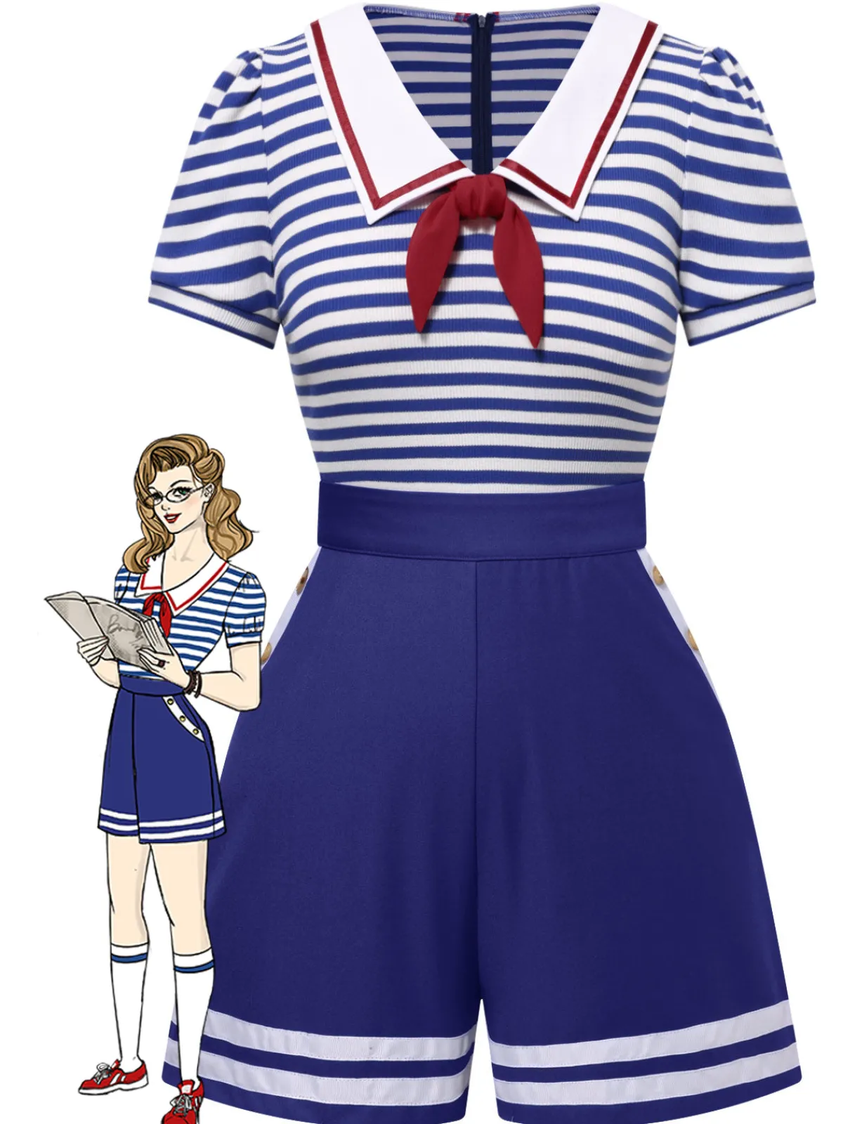 Fashion Retro Stage 1950s Cotton Cravat Nautical Stripe Romper Blue