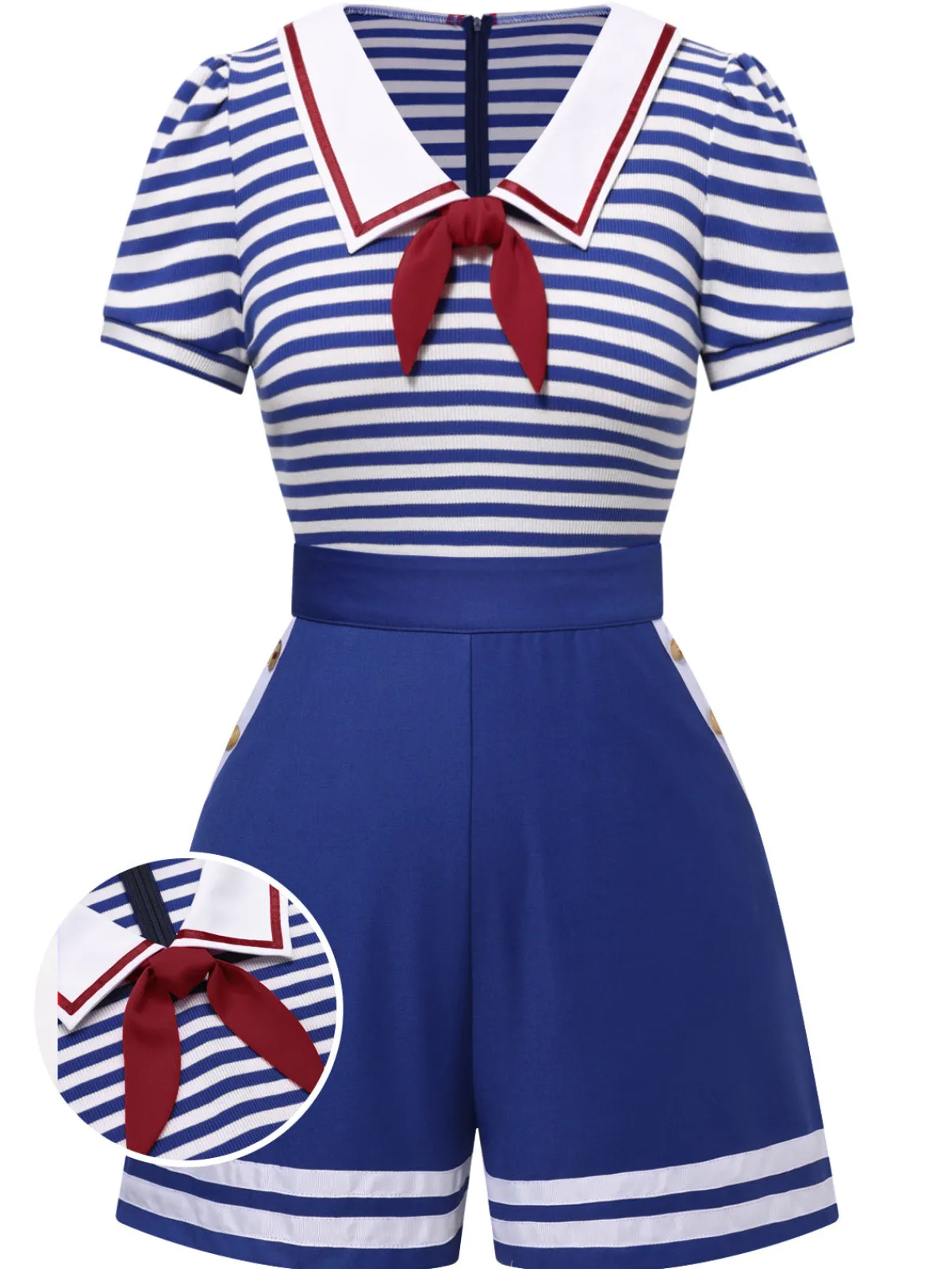 Fashion Retro Stage 1950s Cotton Cravat Nautical Stripe Romper Blue