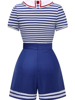Fashion Retro Stage 1950s Cotton Cravat Nautical Stripe Romper Blue