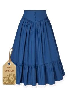 Fashion Retro Stage Blue 1940s Cotton Lace Hem Pleated Skirt Dark Blue