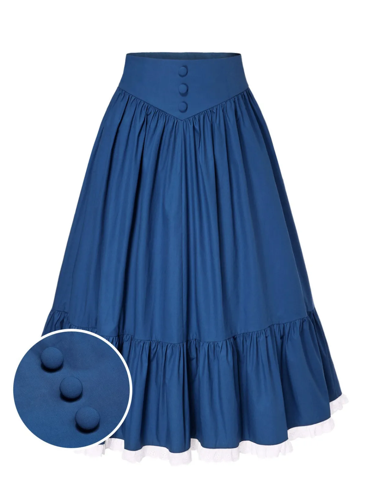 Fashion Retro Stage Blue 1940s Cotton Lace Hem Pleated Skirt Dark Blue