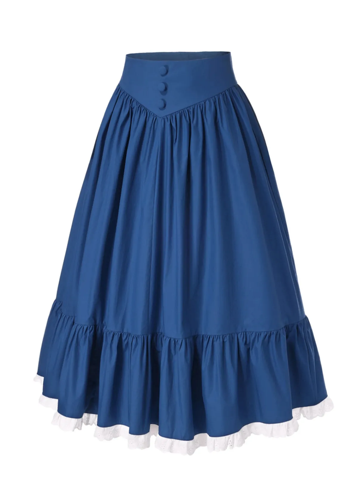 Fashion Retro Stage Blue 1940s Cotton Lace Hem Pleated Skirt Dark Blue